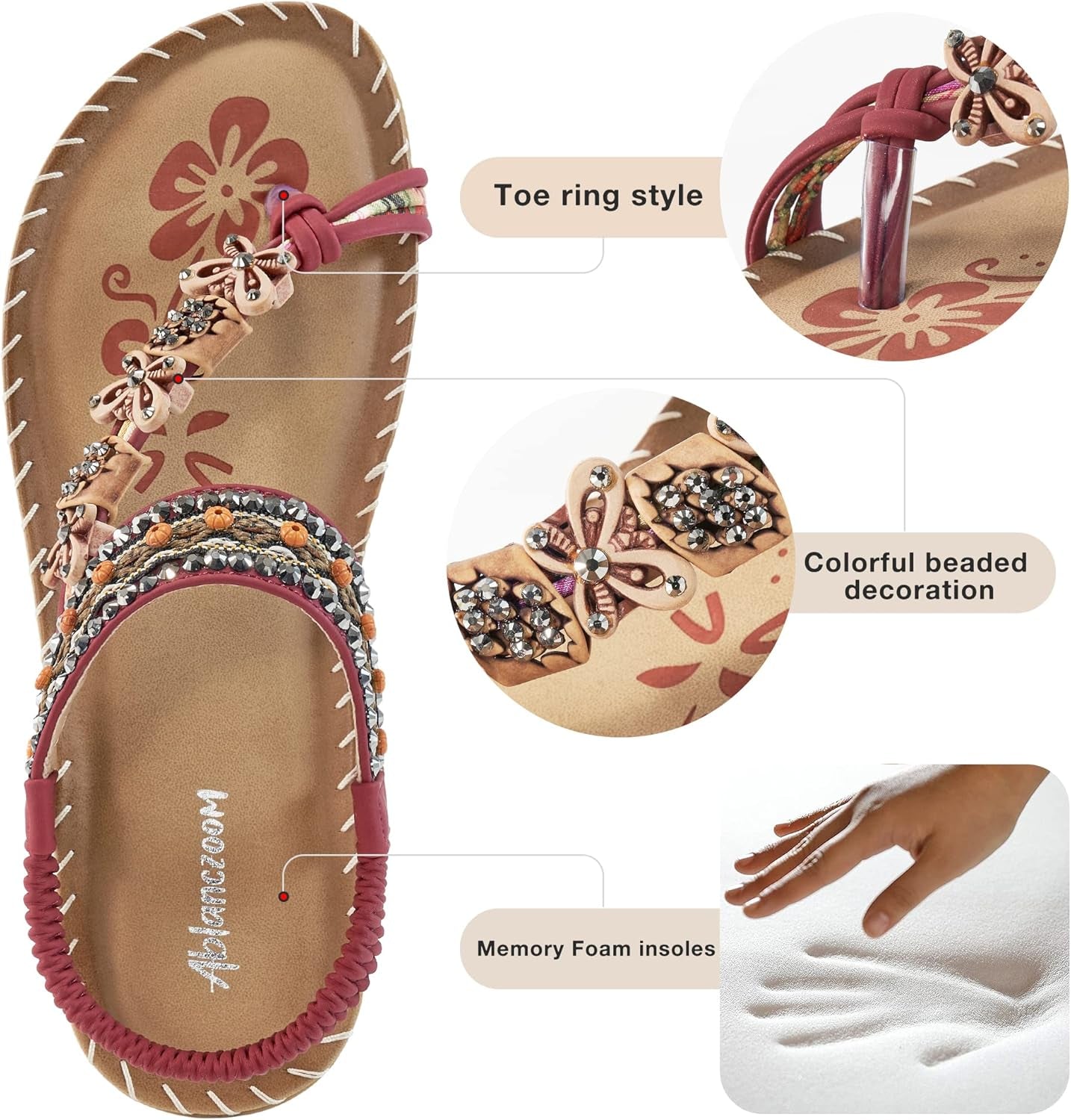 Womens Sandals Flats Shoes: Comfortable Bohemian Beaded Dressy Summer Flat Casual Ankle Strap Elastic Slip on Beach Sandal