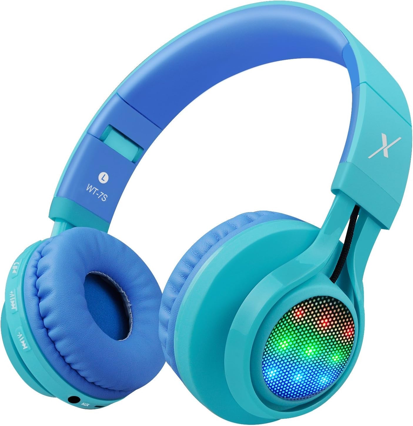 WT-7S Kids Bluetooth Headphones - Fun LED Light-Up Wireless Stereo Headset with Microphone & Volume Control for Ultimate Entertainment on PC, Tablet, TV & Travel (Blue)