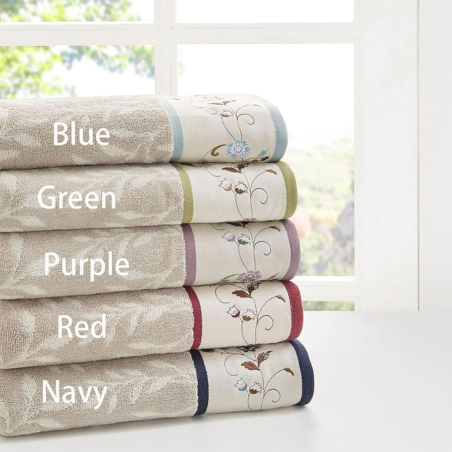 Indulge in Luxury with the Serene 6-Piece Embroidered Cotton Bath Towel Set - Soft, Highly Absorbent Floral Design in Cream and Blue