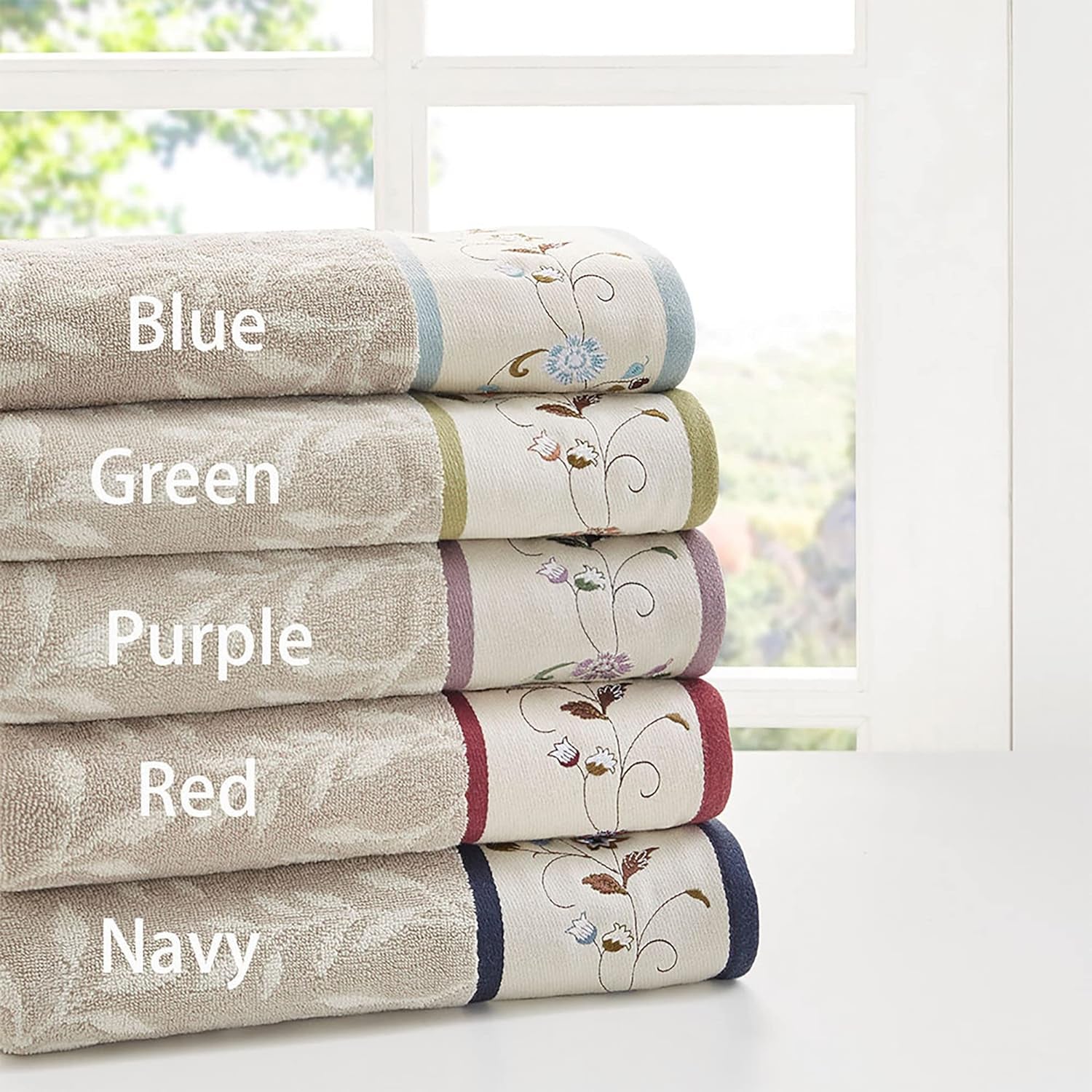 Indulge in Luxury with the Serene 6-Piece Embroidered Cotton Bath Towel Set - Soft, Highly Absorbent Floral Design in Cream and Blue