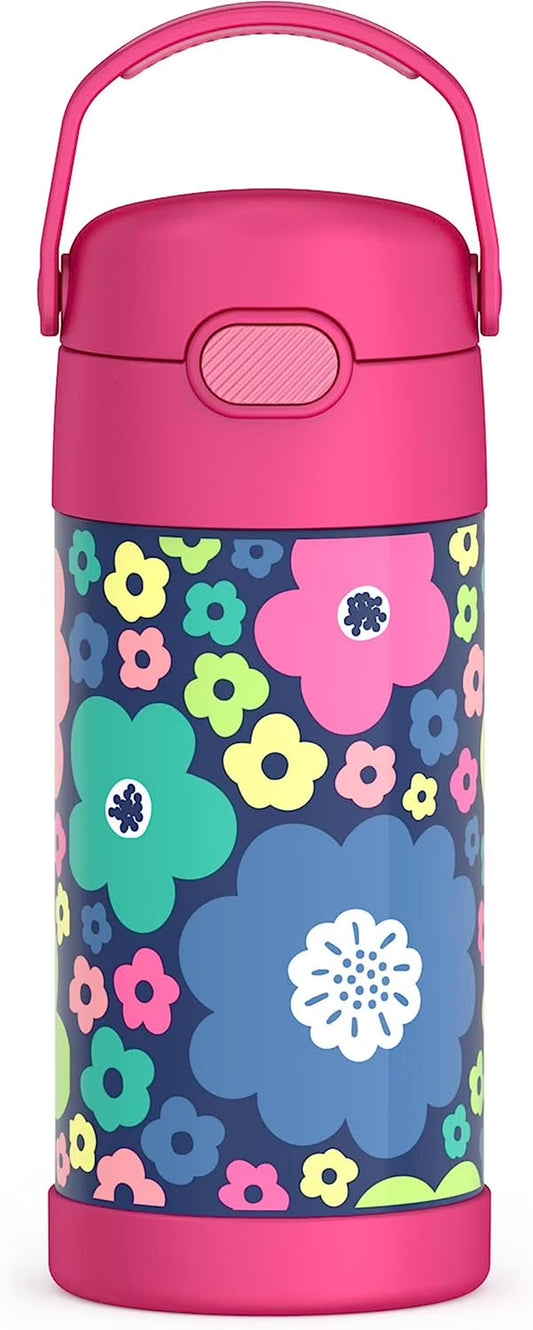 FUNTAINER 12 Ounce Stainless Steel Vacuum Insulated Kids Straw Bottle, Mod Flowers