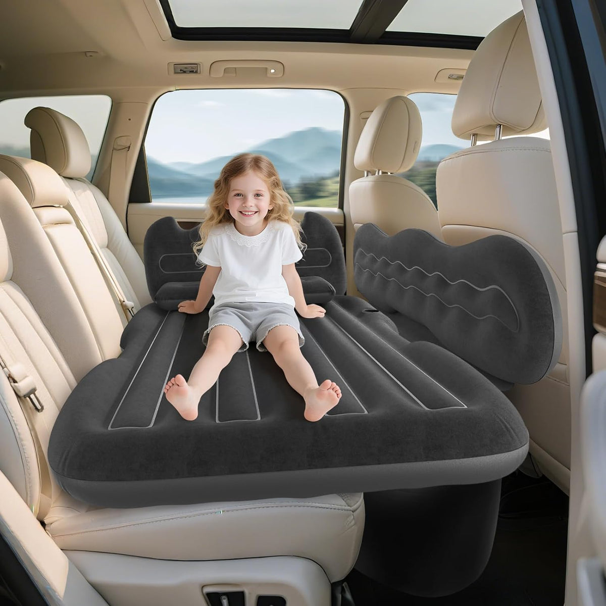 SUV Air Mattress Inflatable Travel Bed: Foldable - Portable Car Inflatable Bed Camping & Road Trips - Thickened Car Air Mattress for Back Seat with Carry Bag & Cup Holder & 2 Pillows