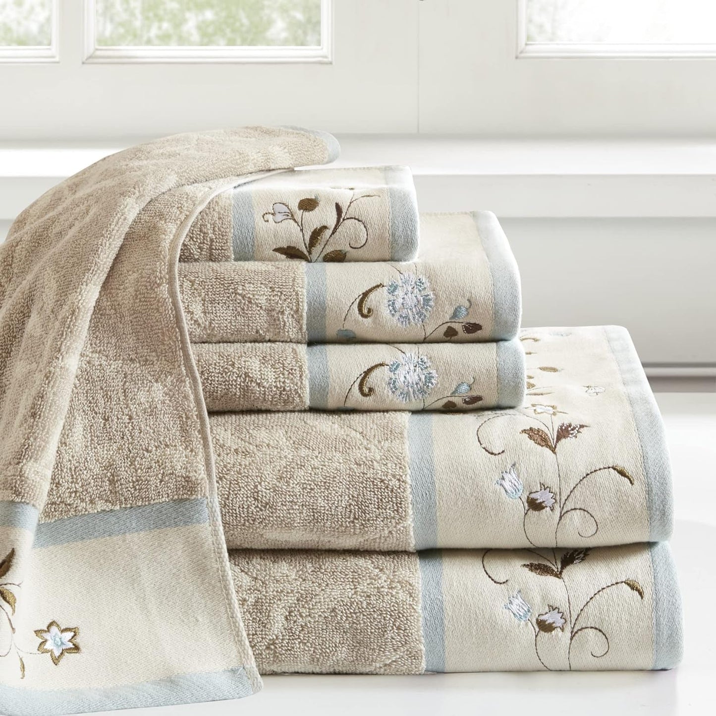 Indulge in Luxury with the Serene 6 - Piece Embroidered Cotton Bath Towel Set - Soft, Highly Absorbent Floral Design in Cream and Blue - Journey Must Haves