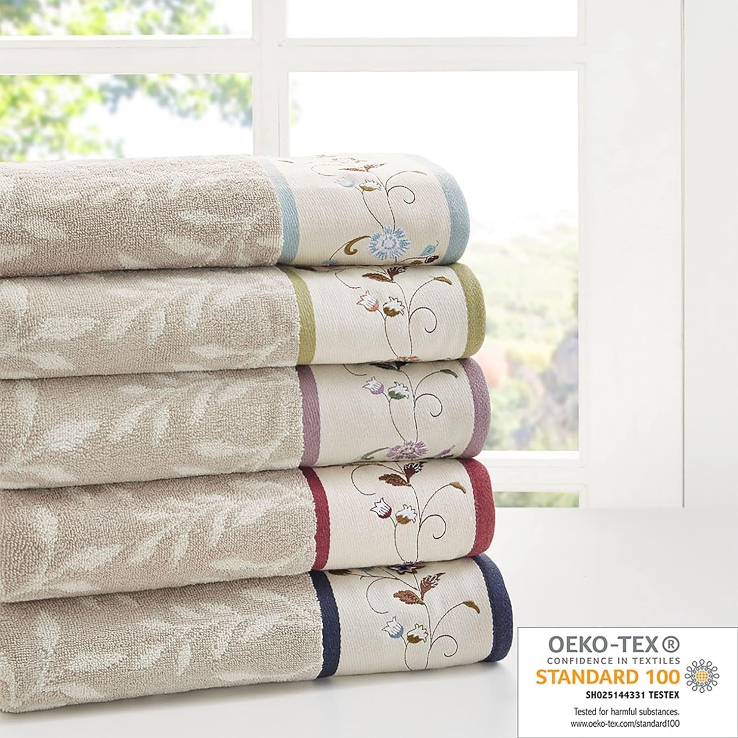 Indulge in Luxury with the Serene 6 - Piece Embroidered Cotton Bath Towel Set - Soft, Highly Absorbent Floral Design in Cream and Blue - Journey Must Haves