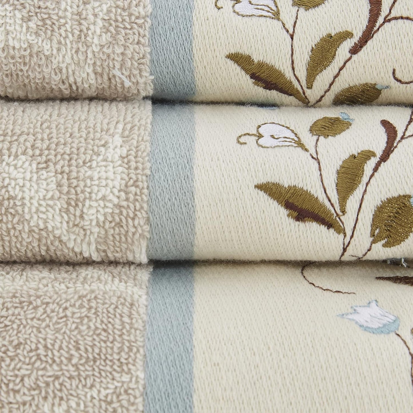 Indulge in Luxury with the Serene 6 - Piece Embroidered Cotton Bath Towel Set - Soft, Highly Absorbent Floral Design in Cream and Blue - Journey Must Haves