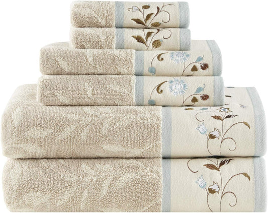 Indulge in Luxury with the Serene 6 - Piece Embroidered Cotton Bath Towel Set - Soft, Highly Absorbent Floral Design in Cream and Blue - Journey Must Haves