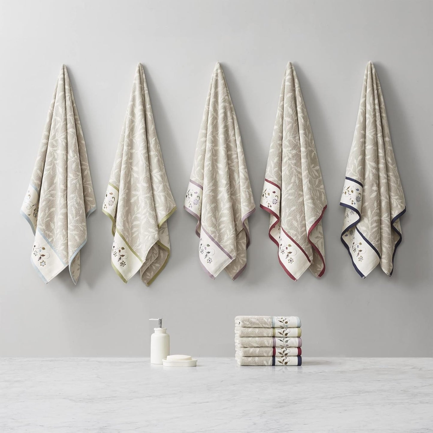 Indulge in Luxury with the Serene 6 - Piece Embroidered Cotton Bath Towel Set - Soft, Highly Absorbent Floral Design in Cream and Blue - Journey Must Haves