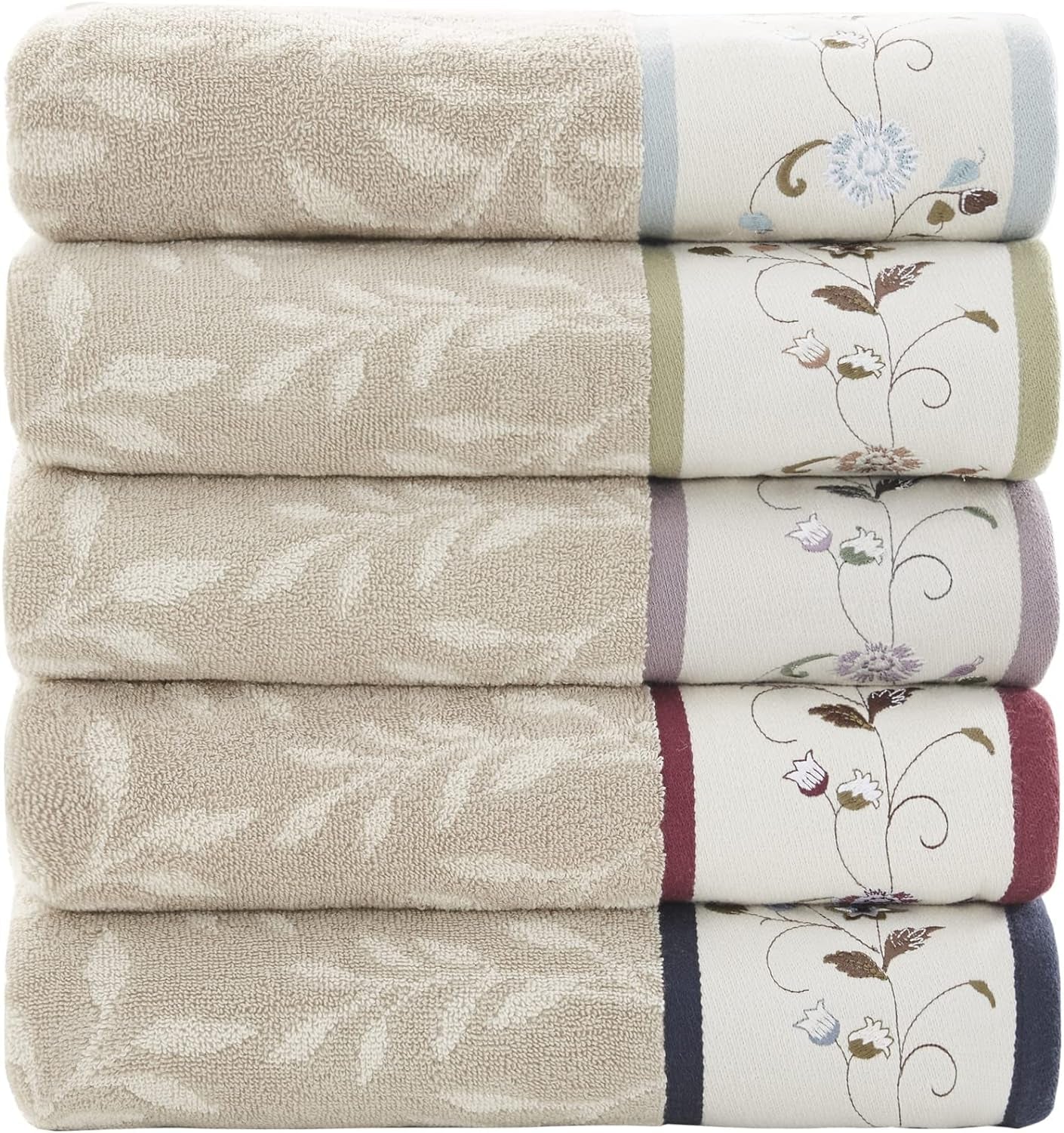 Indulge in Luxury with the Serene 6 - Piece Embroidered Cotton Bath Towel Set - Soft, Highly Absorbent Floral Design in Cream and Blue - Journey Must Haves