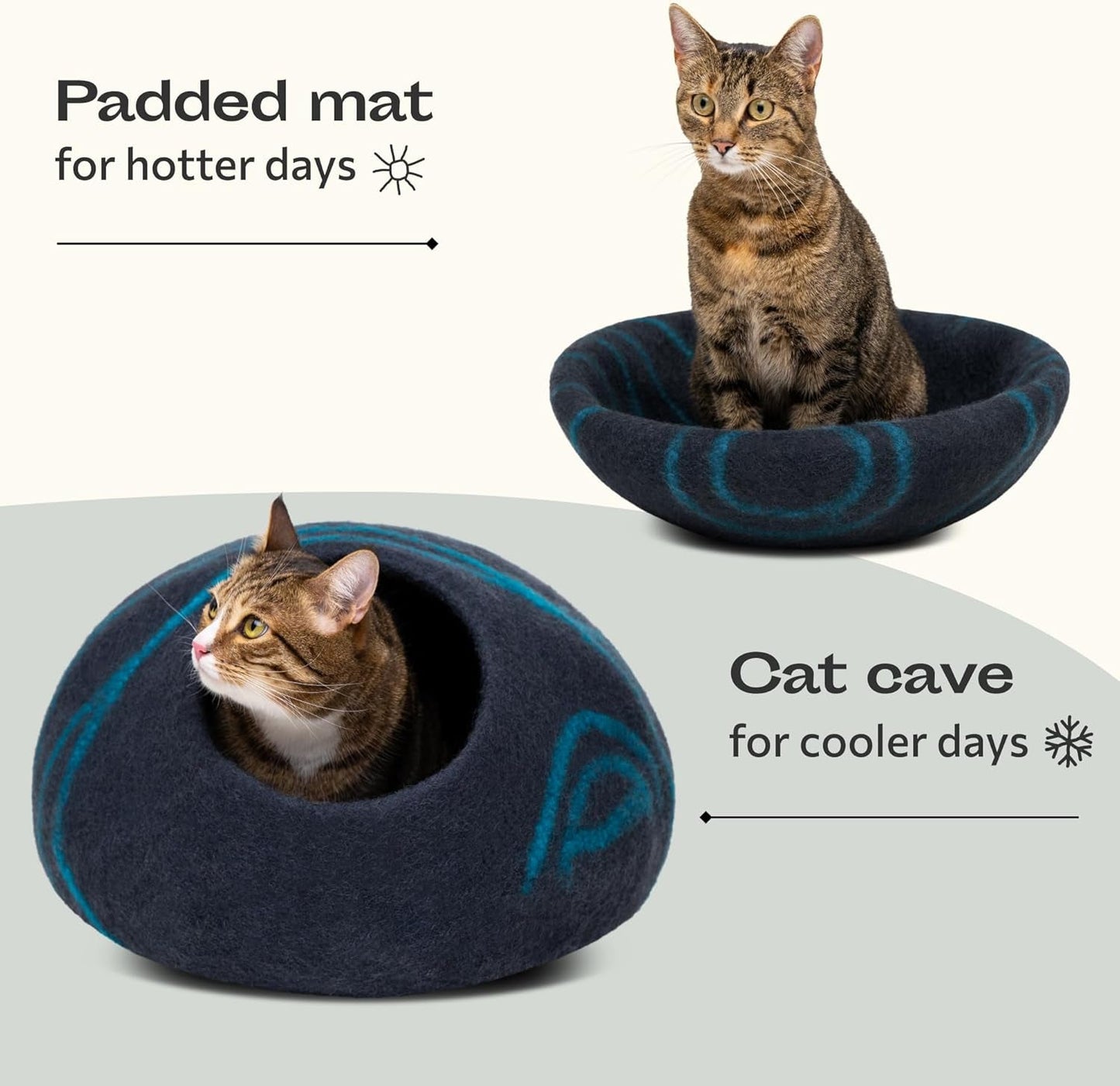 Luxurious Handmade Merino Wool Cat Cave - Cozy Black Aqua Bed for Indoor Cats (Large) - Journey Must Haves