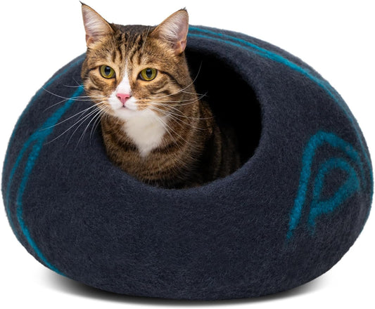 Luxurious Handmade Merino Wool Cat Cave - Cozy Black Aqua Bed for Indoor Cats (Large) - Journey Must Haves