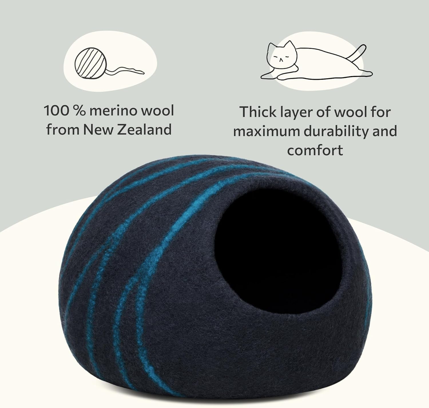 Luxurious Handmade Merino Wool Cat Cave - Cozy Black Aqua Bed for Indoor Cats (Large) - Journey Must Haves
