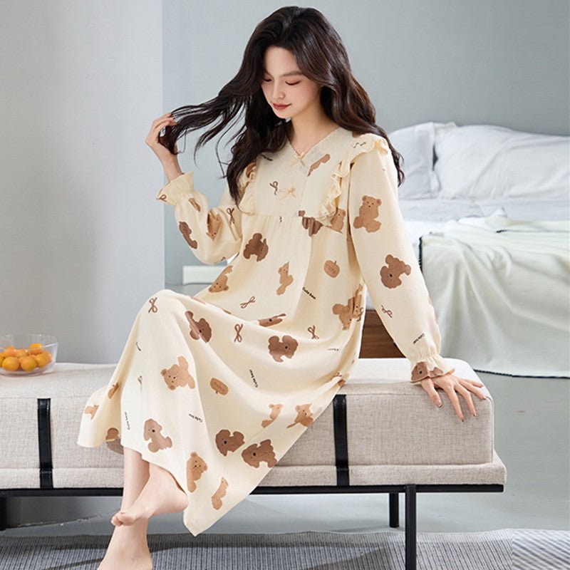 Nightgown for Women, Spring and Autumn, Pure Cotton, 2025 New Style, Long - Sleeved, Long Dress, Ladylike Style, Plus Size, Loose Fit, Maternity Loungewear - Journey Must Haves