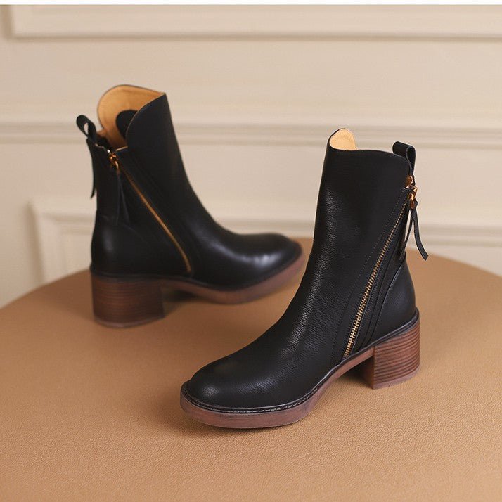 Retro Side Zipper Thick Heel Womens Boots - Journey Must Haves