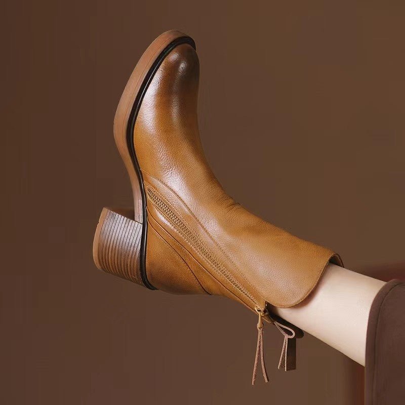 Retro Side Zipper Thick Heel Womens Boots - Journey Must Haves