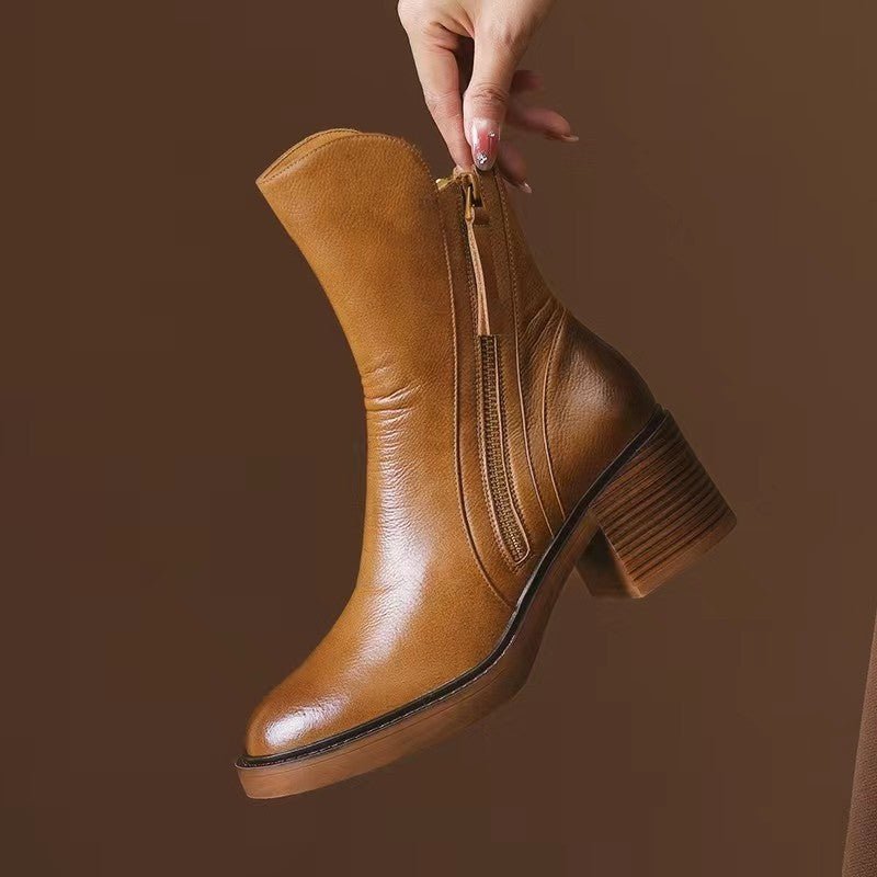 Retro Side Zipper Thick Heel Womens Boots - Journey Must Haves