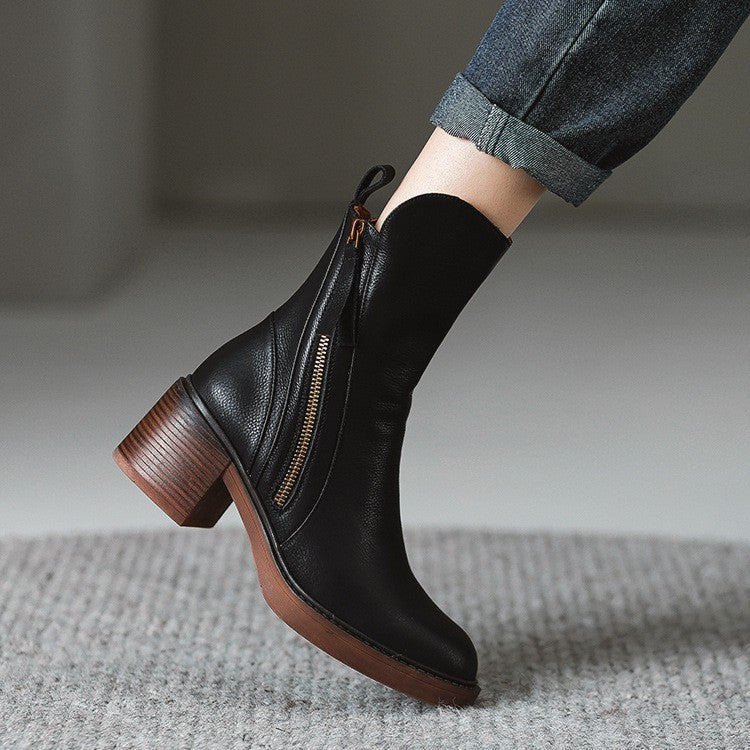Retro Side Zipper Thick Heel Womens Boots - Journey Must Haves