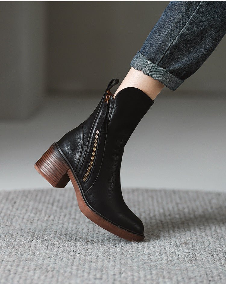 Retro Side Zipper Thick Heel Womens Boots - Journey Must Haves