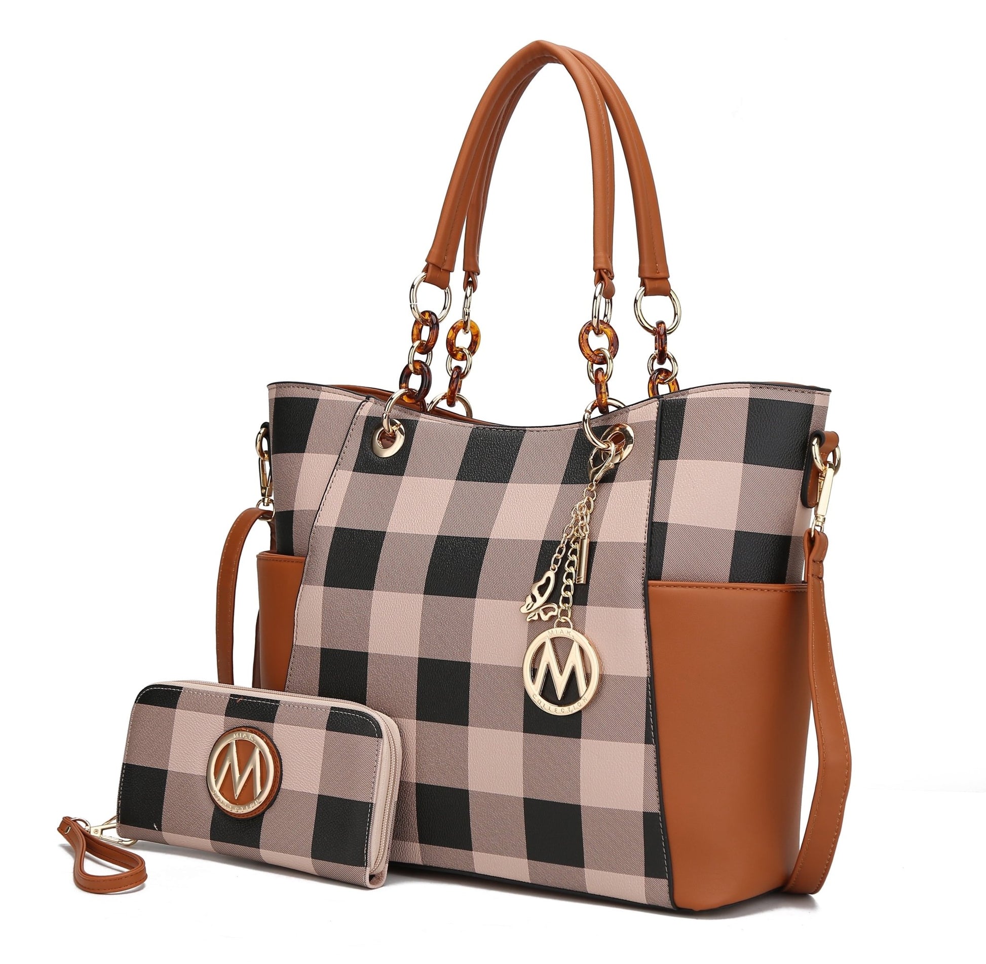 Stylish Bonita Checker Women's Tote Bag & Wallet Set - Luxurious Vegan Leather Shopper by Mia K in Checkered Cognac Brown - Journey Must Haves
