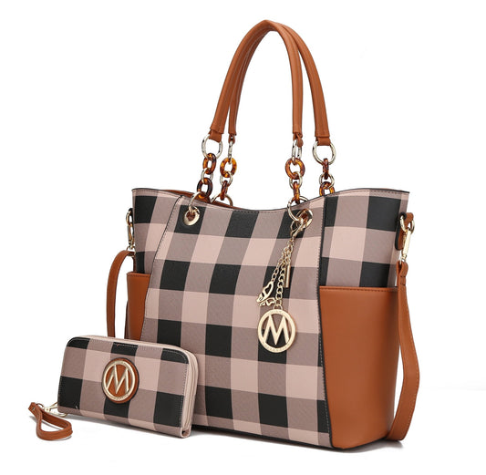 Stylish Bonita Checker Women's Tote Bag & Wallet Set - Luxurious Vegan Leather Shopper by Mia K in Checkered Cognac Brown - Journey Must Haves