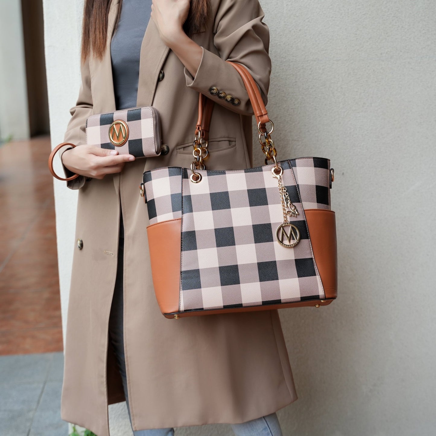 Stylish Bonita Checker Women's Tote Bag & Wallet Set - Luxurious Vegan Leather Shopper by Mia K in Checkered Cognac Brown - Journey Must Haves