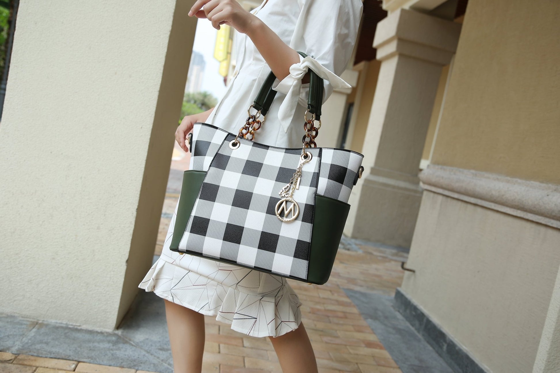 Stylish Bonita Checker Women's Tote Bag & Wallet Set - Luxurious Vegan Leather Shopper by Mia K in Checkered Cognac Brown - Journey Must Haves