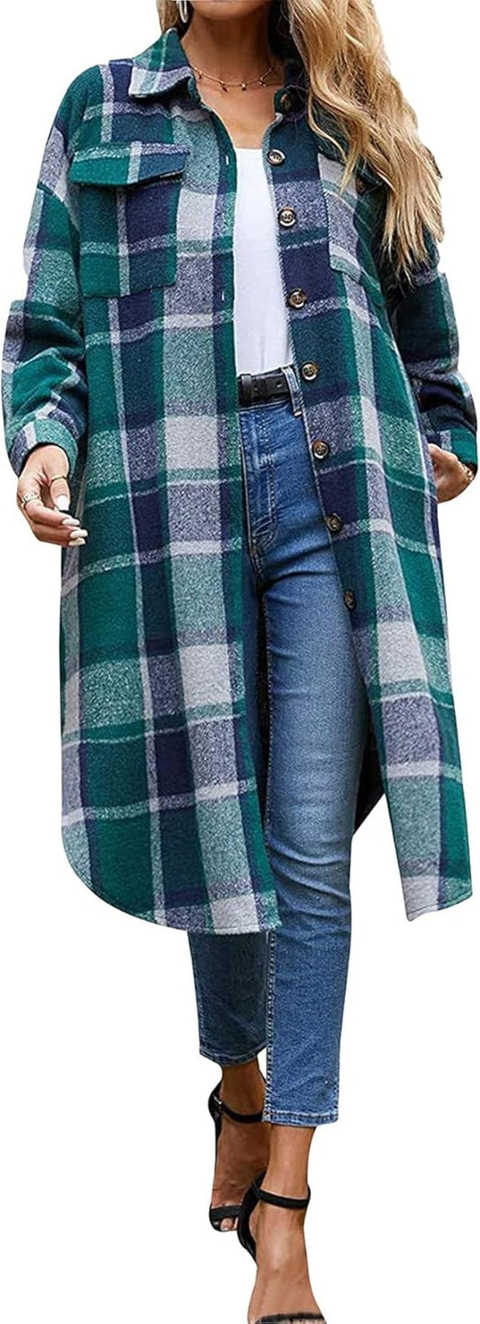 Stylish Women's Long Plaid Shirt Jacket - Cozy Wool Blend with Pockets - Journey Must Haves