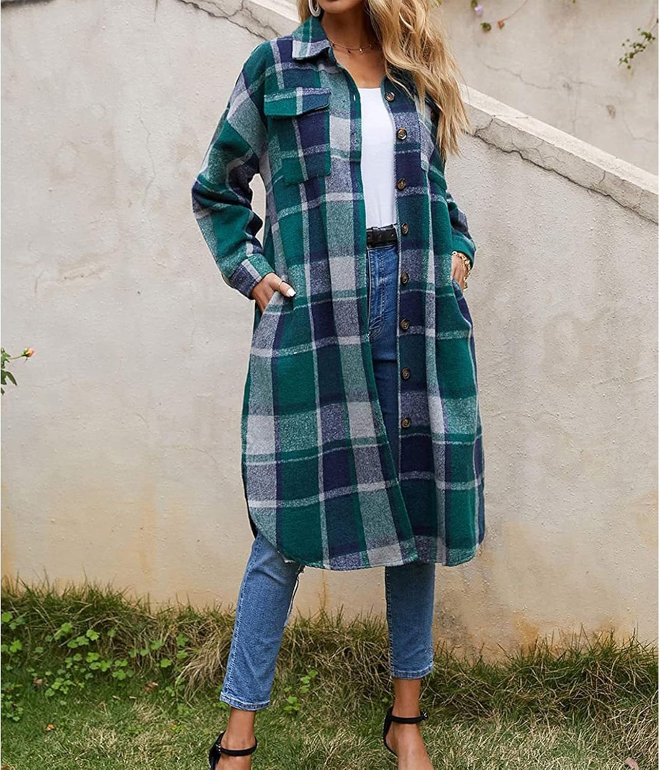 Stylish Women's Long Plaid Shirt Jacket - Cozy Wool Blend with Pockets - Journey Must Haves