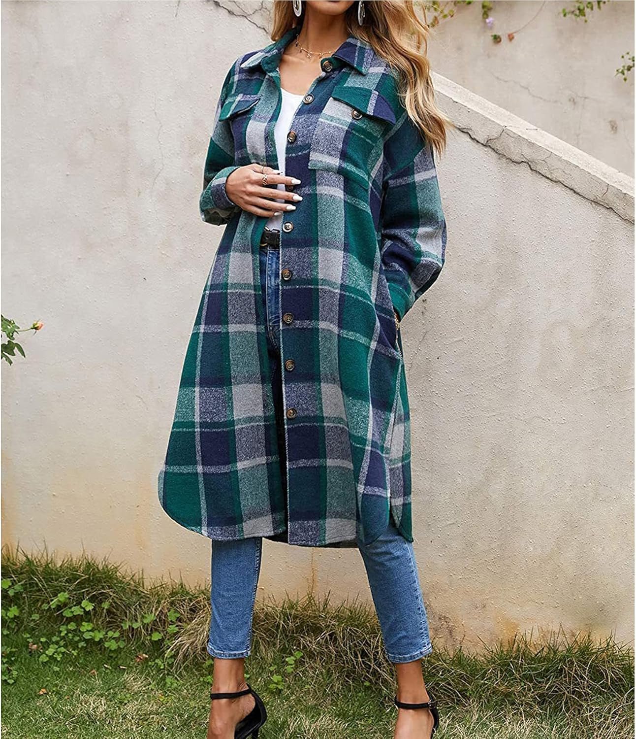 Stylish Women's Long Plaid Shirt Jacket - Cozy Wool Blend with Pockets - Journey Must Haves