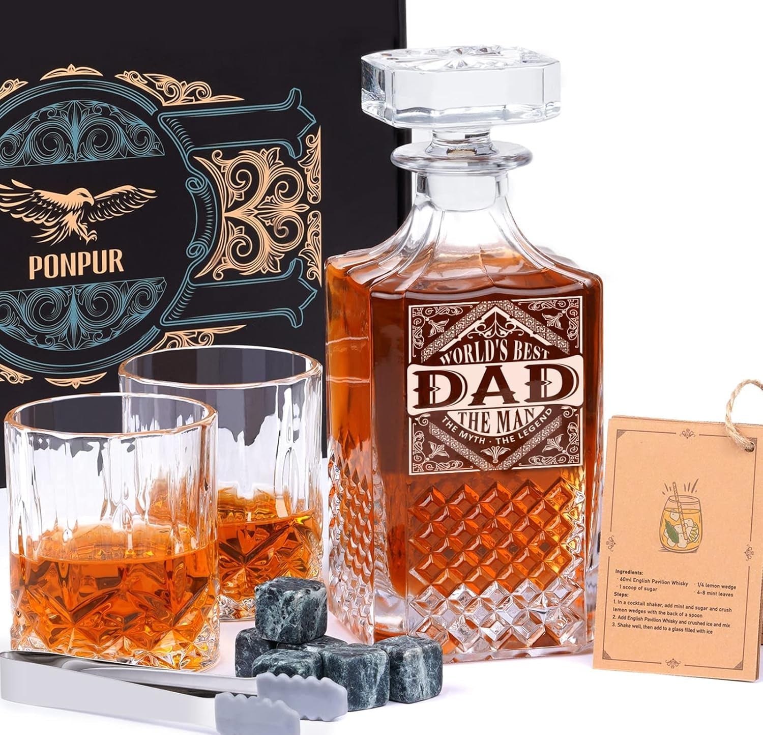 Ultimate Whiskey Decanter Set for Dad - Perfect Birthday and Christmas Gift with 2 Glasses and Chilling Stones - Journey Must Haves