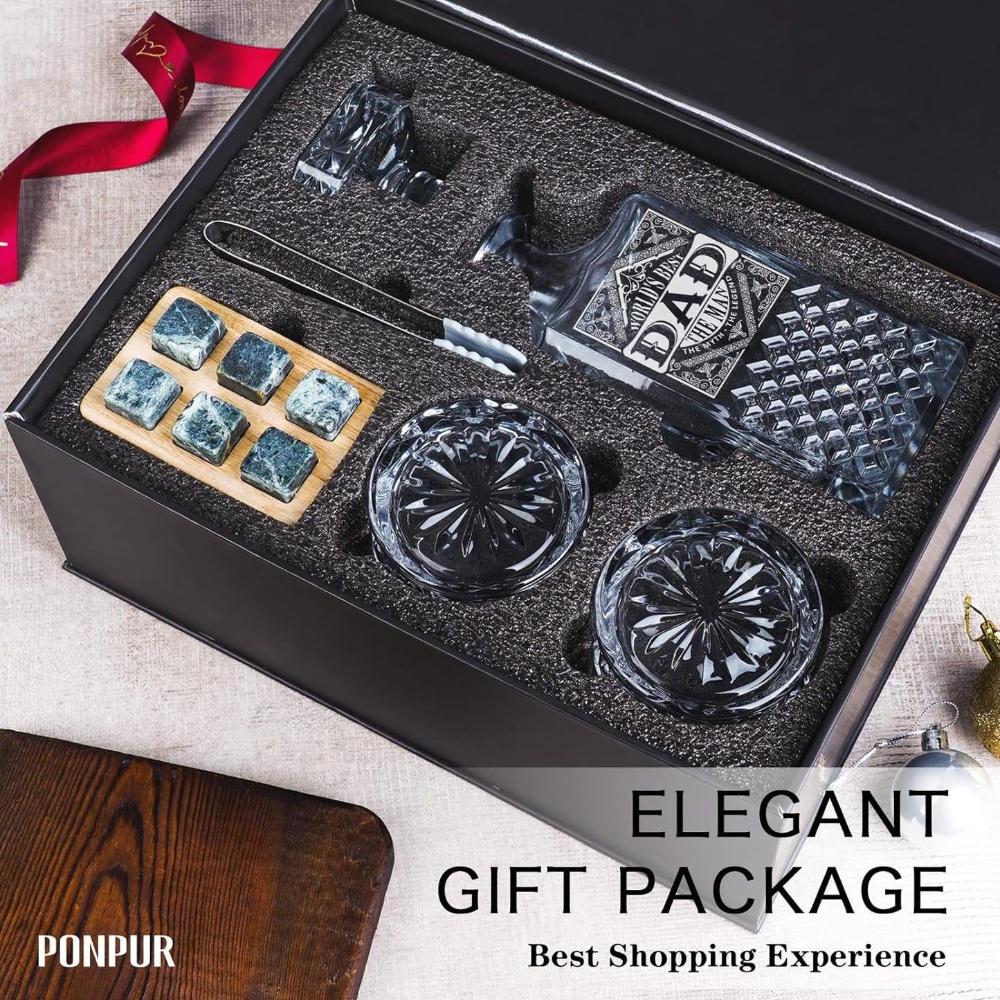 Ultimate Whiskey Decanter Set for Dad - Perfect Birthday and Christmas Gift with 2 Glasses and Chilling Stones - Journey Must Haves
