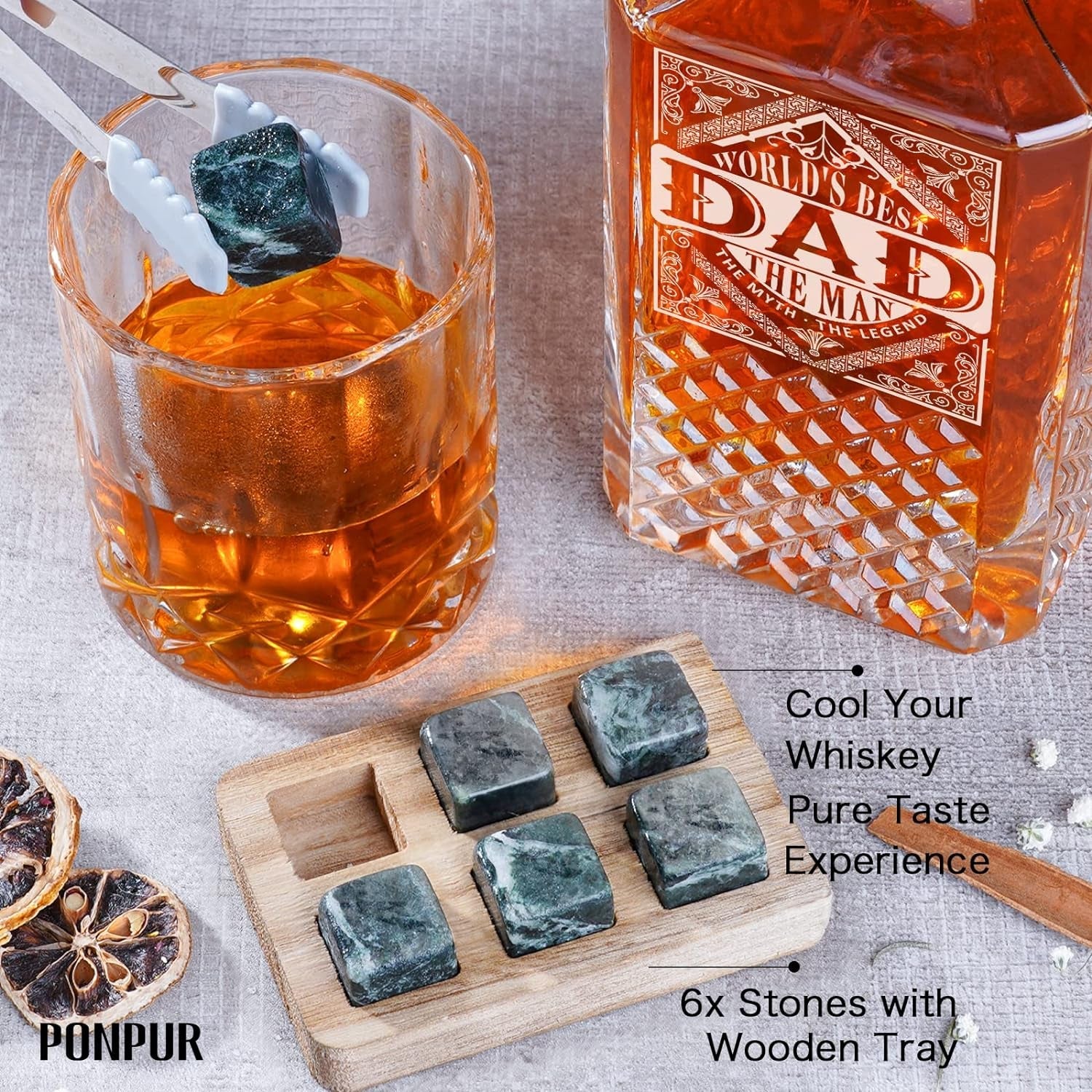Ultimate Whiskey Decanter Set for Dad - Perfect Birthday and Christmas Gift with 2 Glasses and Chilling Stones - Journey Must Haves
