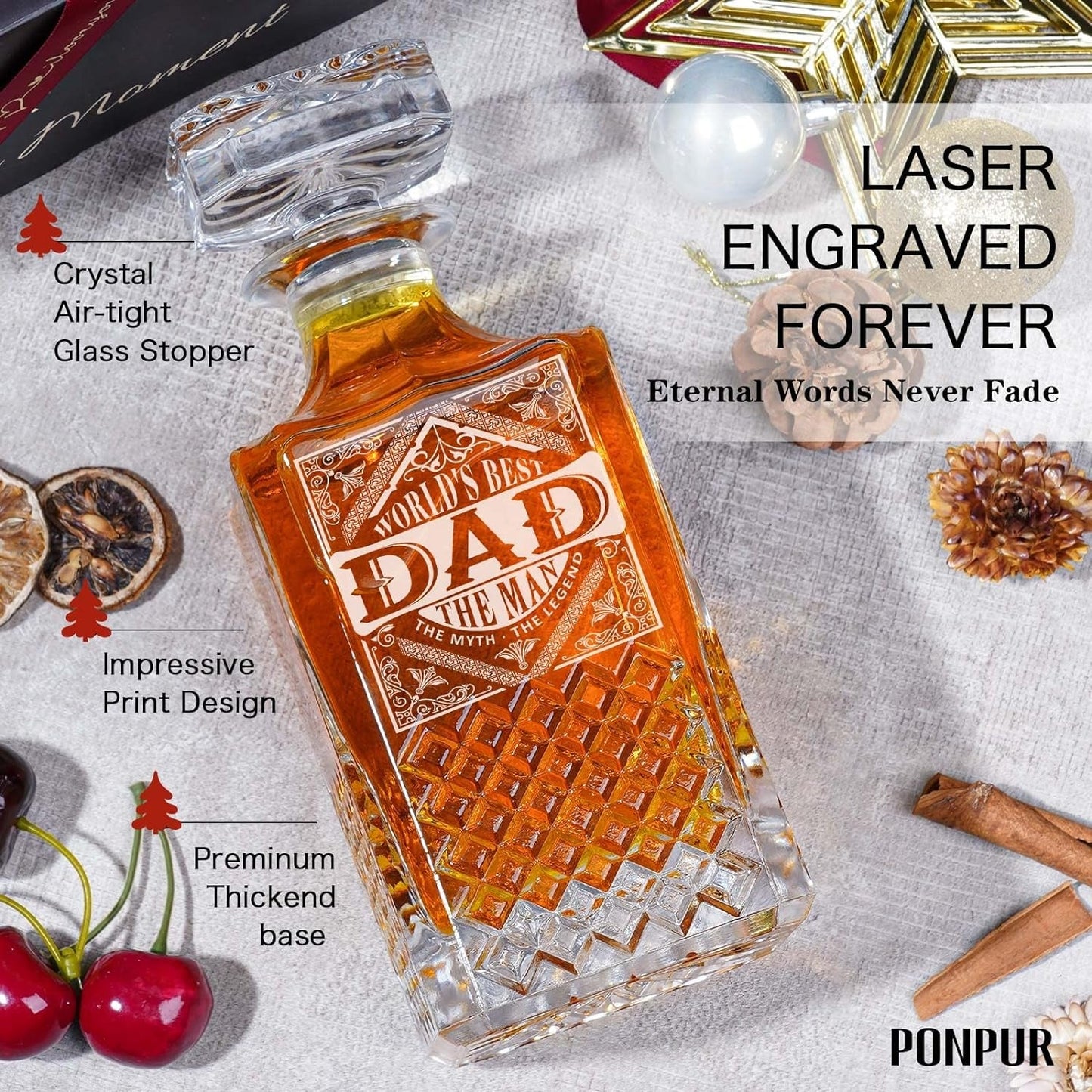 Ultimate Whiskey Decanter Set for Dad - Perfect Birthday and Christmas Gift with 2 Glasses and Chilling Stones - Journey Must Haves