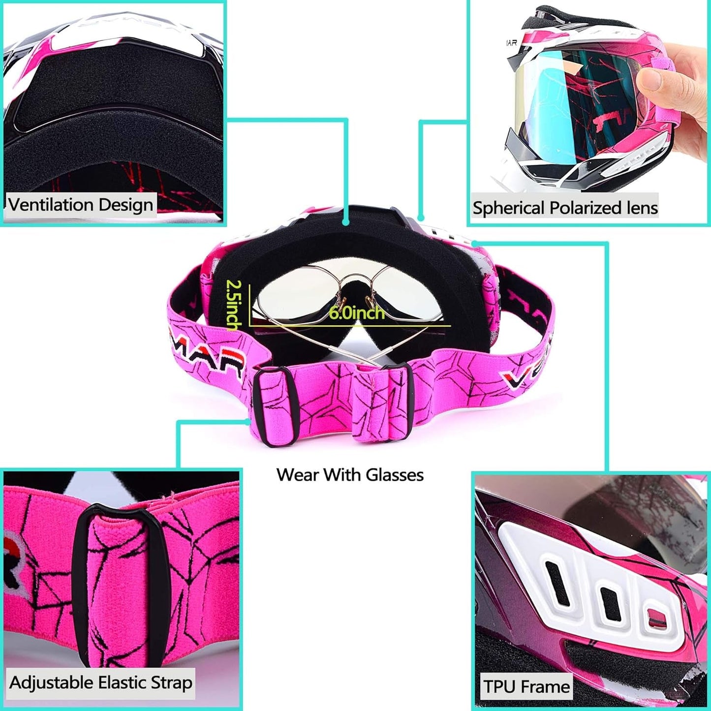 Vibrant Pink Motorcycle Motocross Goggles - Ultimate Protection for ATV Racing, Dirt Biking, and Outdoor Adventures - Journey Must Haves