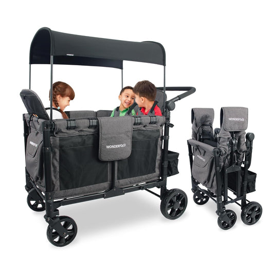 W4 Elite Collapsible Stroller Wagon - Spacious 4 - Seater with 5 - Point Harnesses, Adjustable Push Handle, and UV Sun Canopy in Charcoal Gray - Journey Must Haves