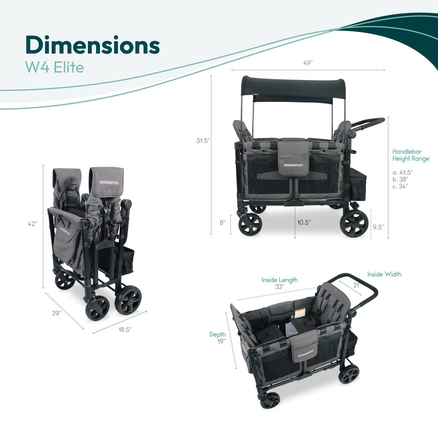 W4 Elite Collapsible Stroller Wagon - Spacious 4 - Seater with 5 - Point Harnesses, Adjustable Push Handle, and UV Sun Canopy in Charcoal Gray - Journey Must Haves