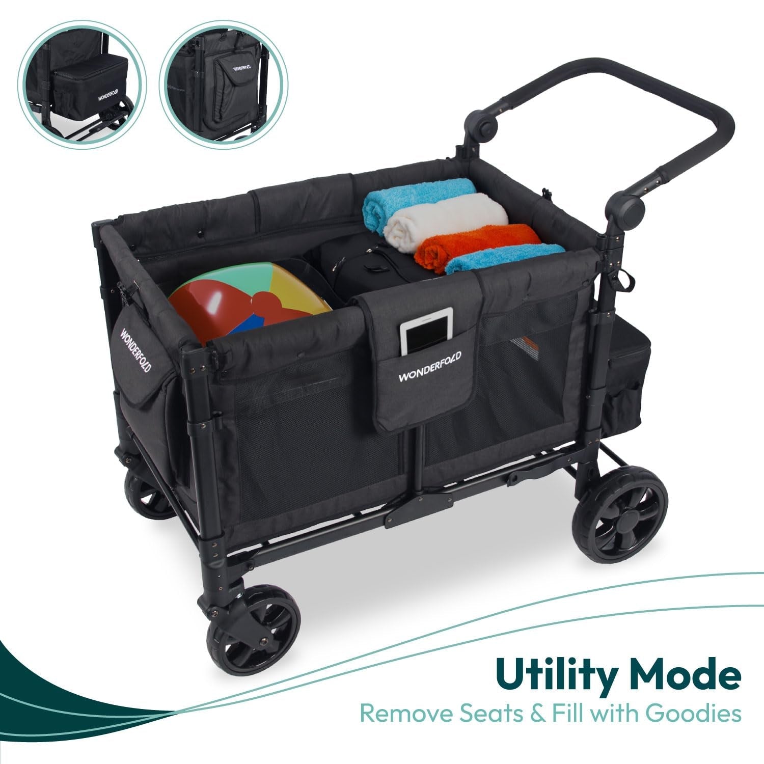 W4 Elite Collapsible Stroller Wagon - Spacious 4 - Seater with 5 - Point Harnesses, Adjustable Push Handle, and UV Sun Canopy in Charcoal Gray - Journey Must Haves