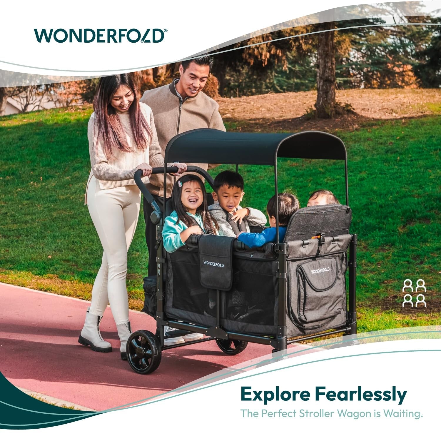 W4 Elite Collapsible Stroller Wagon - Spacious 4 - Seater with 5 - Point Harnesses, Adjustable Push Handle, and UV Sun Canopy in Charcoal Gray - Journey Must Haves