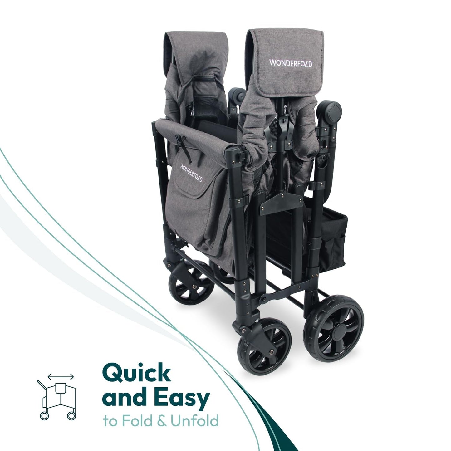 W4 Elite Collapsible Stroller Wagon - Spacious 4 - Seater with 5 - Point Harnesses, Adjustable Push Handle, and UV Sun Canopy in Charcoal Gray - Journey Must Haves