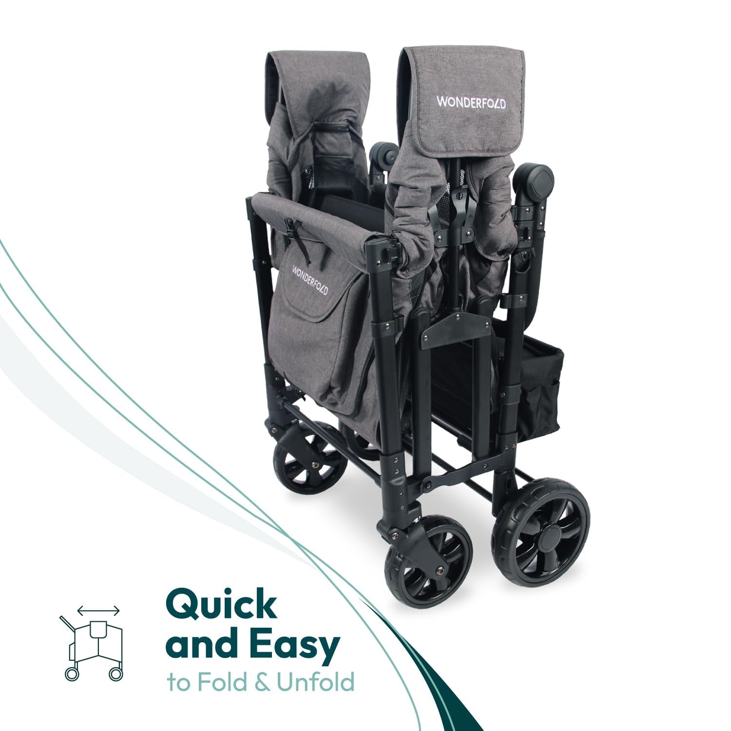 W4 Elite Collapsible Stroller Wagon - Spacious 4 - Seater with 5 - Point Harnesses, Adjustable Push Handle, and UV Sun Canopy in Charcoal Gray - Journey Must Haves