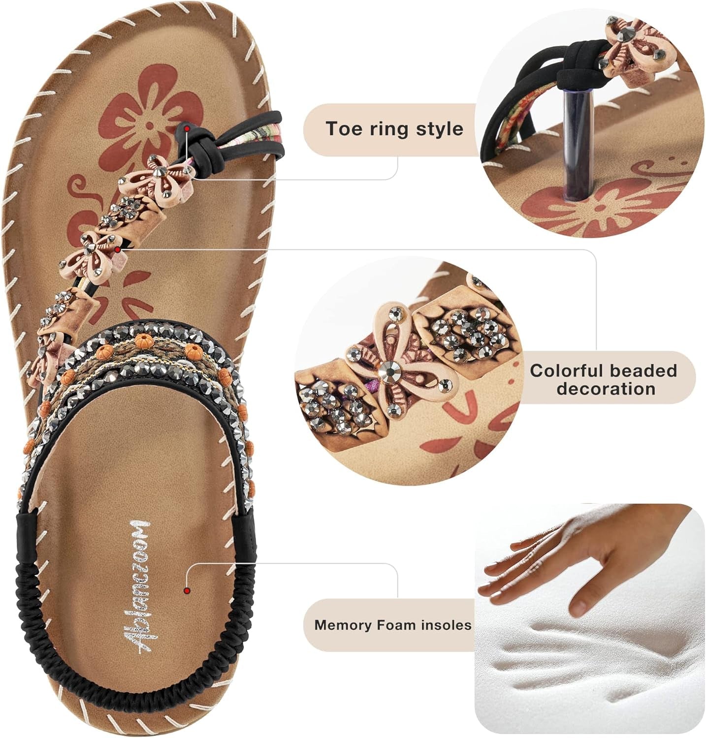 Womens Sandals Flats Shoes: Comfortable Bohemian Beaded Dressy Summer Flat Casual Ankle Strap Elastic Slip on Beach Sandal - Journey Must Haves