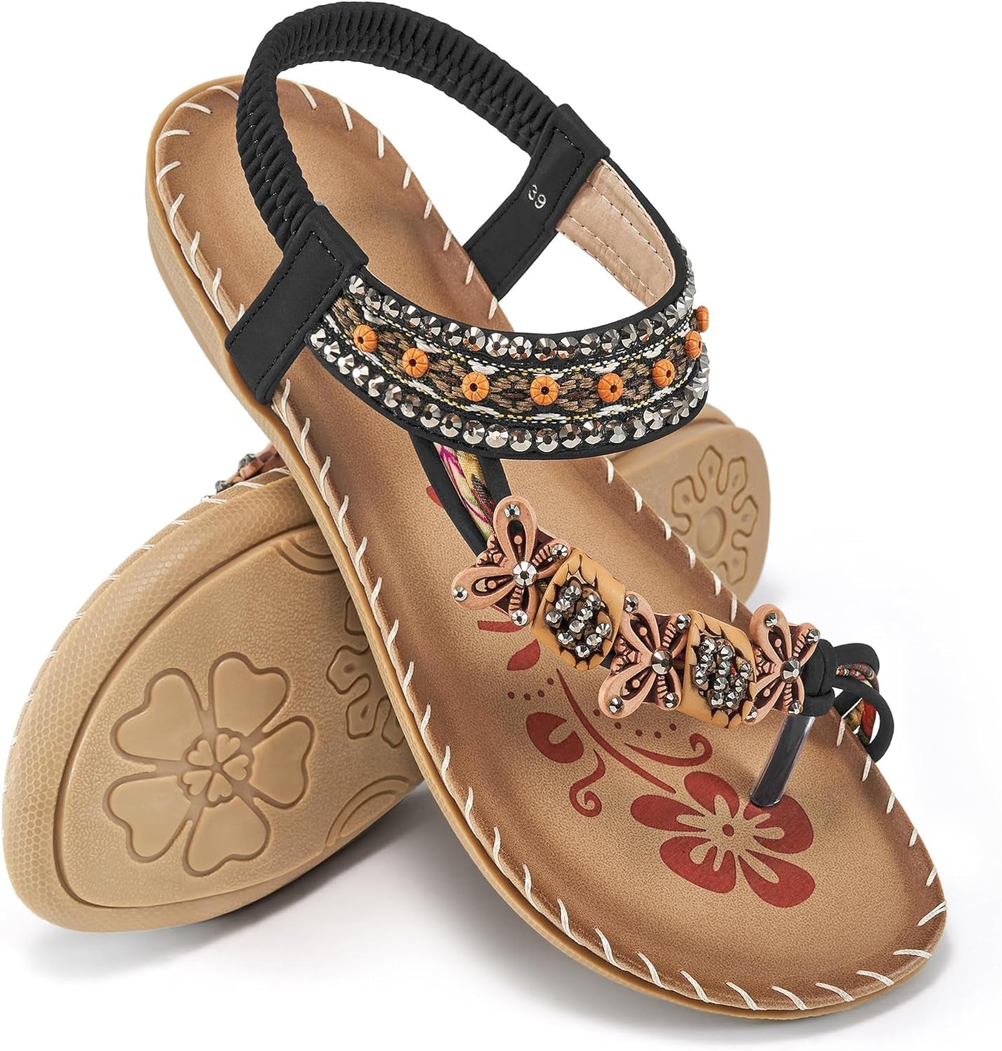 Womens Sandals Flats Shoes: Comfortable Bohemian Beaded Dressy Summer Flat Casual Ankle Strap Elastic Slip on Beach Sandal - Journey Must Haves