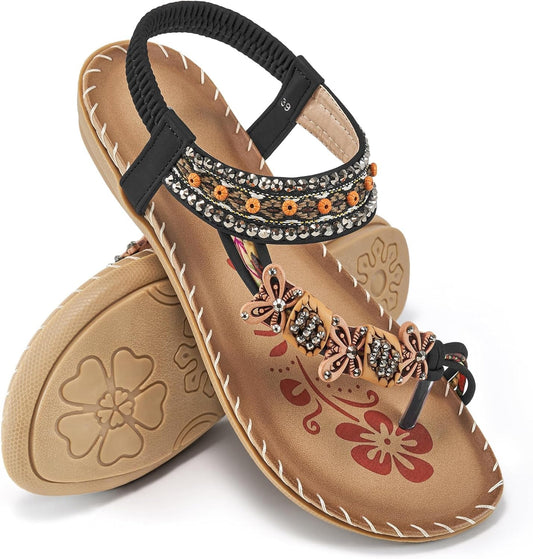 Womens Sandals Flats Shoes: Comfortable Bohemian Beaded Dressy Summer Flat Casual Ankle Strap Elastic Slip on Beach Sandal - Journey Must Haves