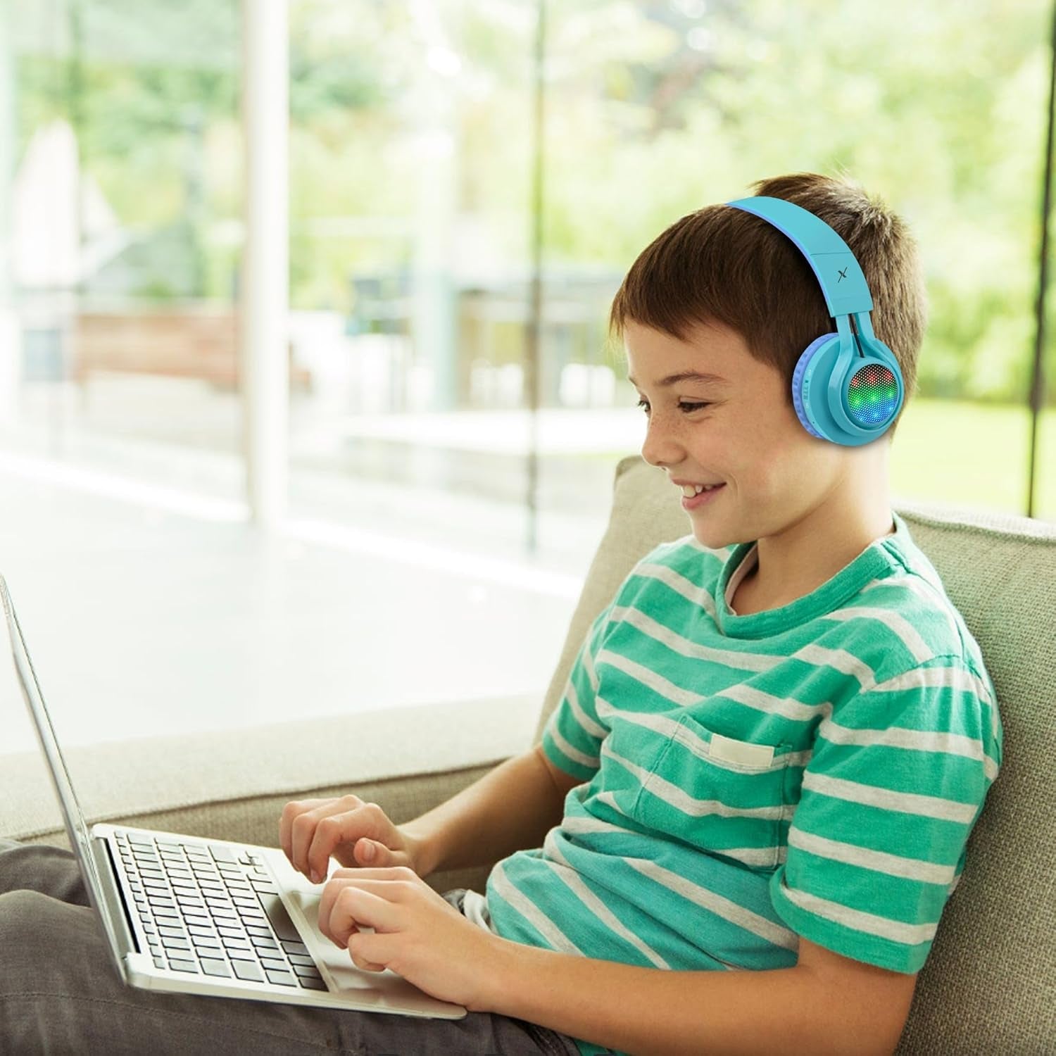 WT - 7S Kids Bluetooth Headphones - Fun LED Light - Up Wireless Stereo Headset with Microphone & Volume Control for Ultimate Entertainment on PC, Tablet, TV & Travel (Blue) - Journey Must Haves