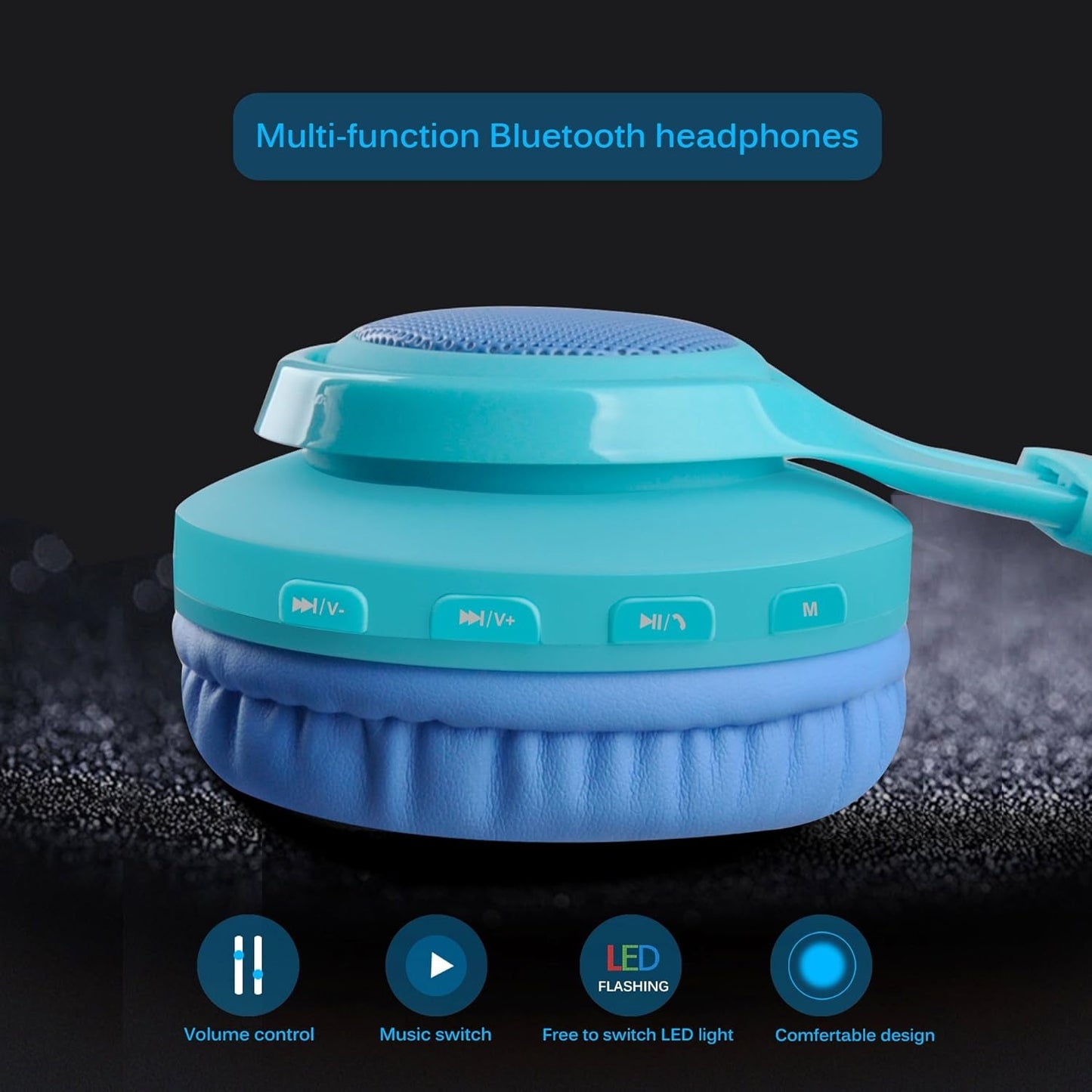 WT - 7S Kids Bluetooth Headphones - Fun LED Light - Up Wireless Stereo Headset with Microphone & Volume Control for Ultimate Entertainment on PC, Tablet, TV & Travel (Blue) - Journey Must Haves